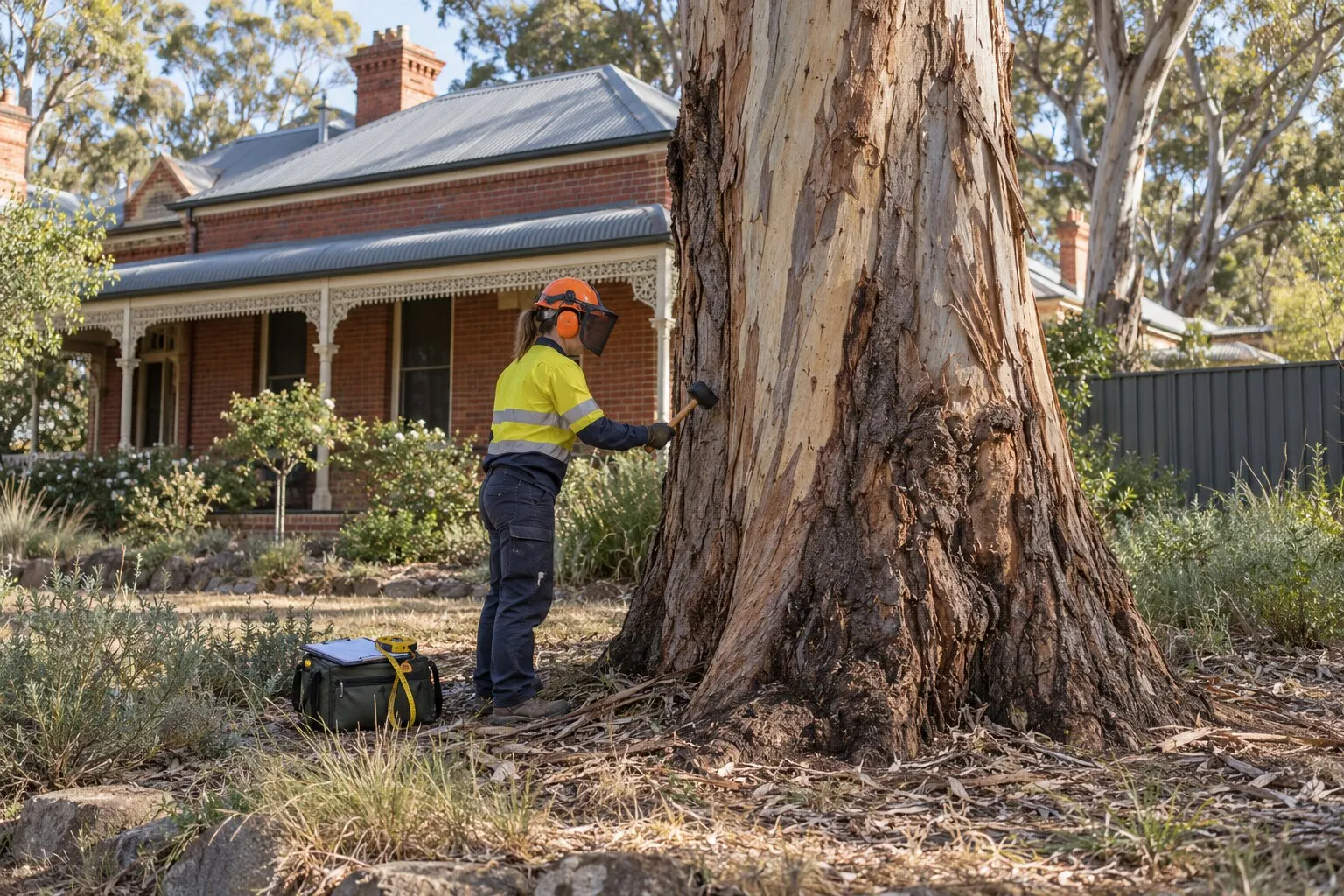 Arborist vs tree lopper: arborist in high-vis and a helmet sounding the trunk of a large eucalyptus with a mallet, a red-brick villa behind