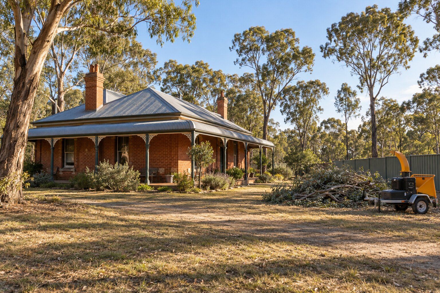 Bushfire Management Overlay, Bendigo: brick home on a bush block with cleared ground around it and cut branches piled beside a chipper