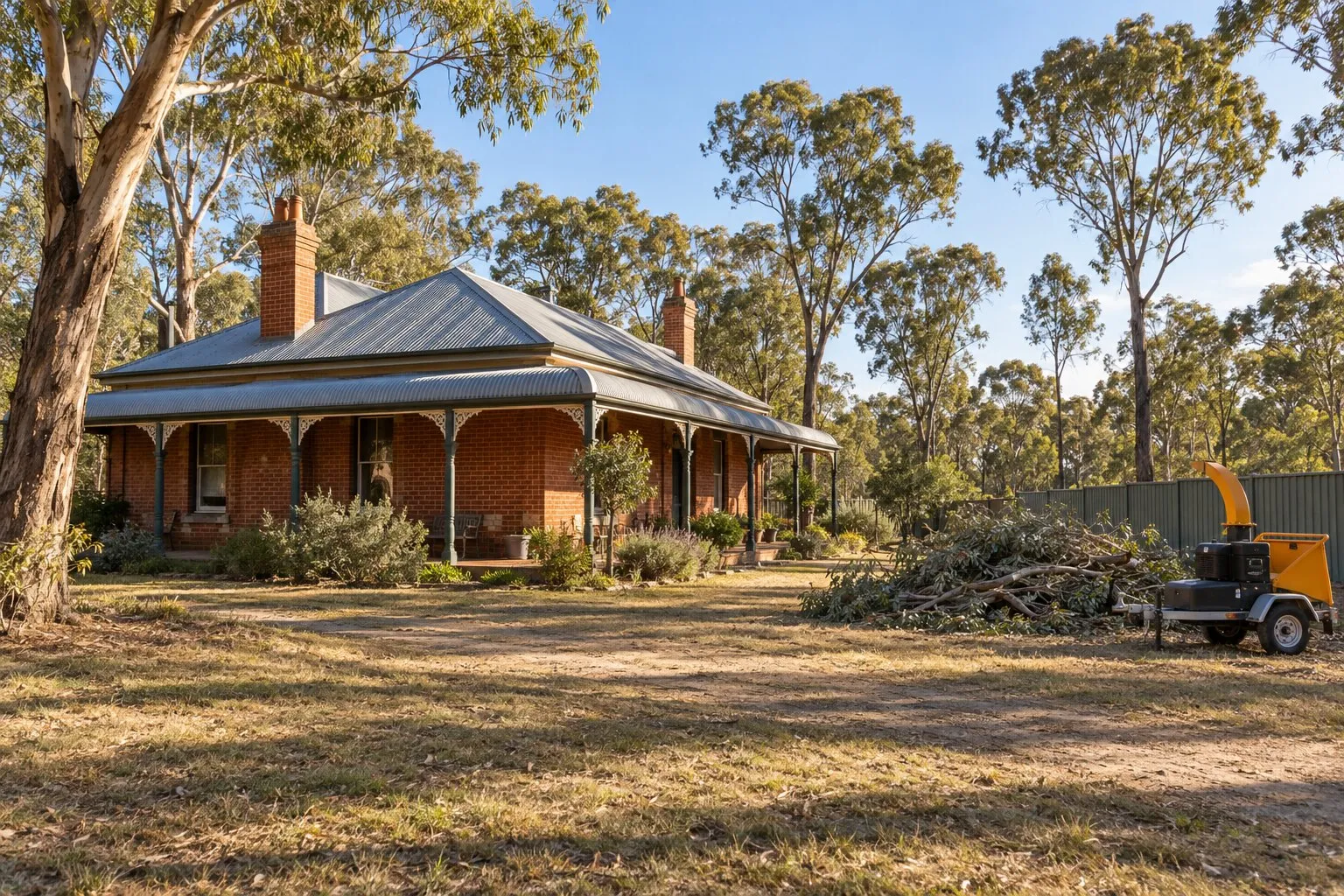 Bushfire Management Overlay, Bendigo: brick home on a bush block with cleared ground around it and cut branches piled beside a chipper