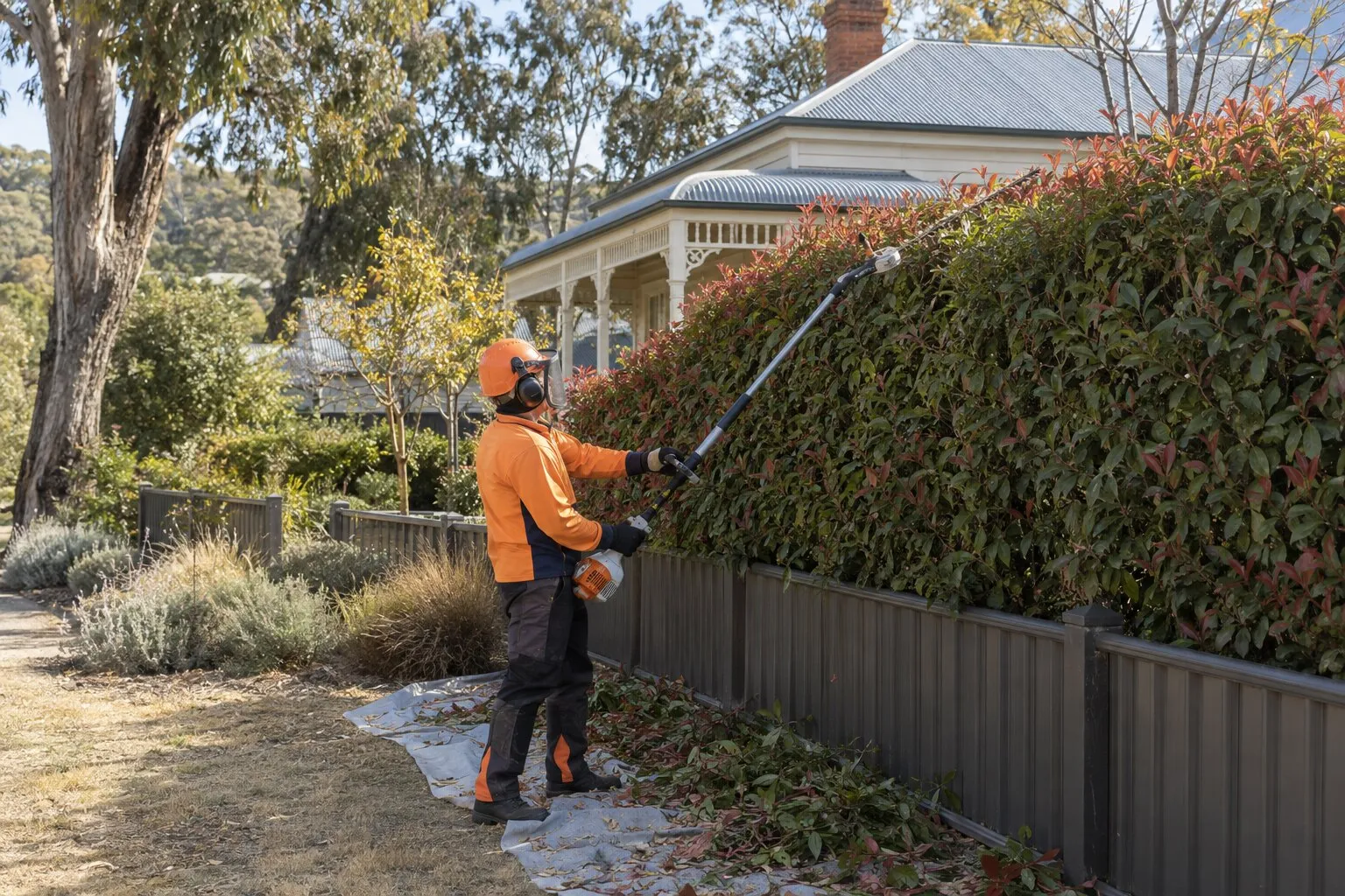 Hedge trimming, Bendigo: worker trimming a tall photinia hedge along a front fence with a long-reach trimmer