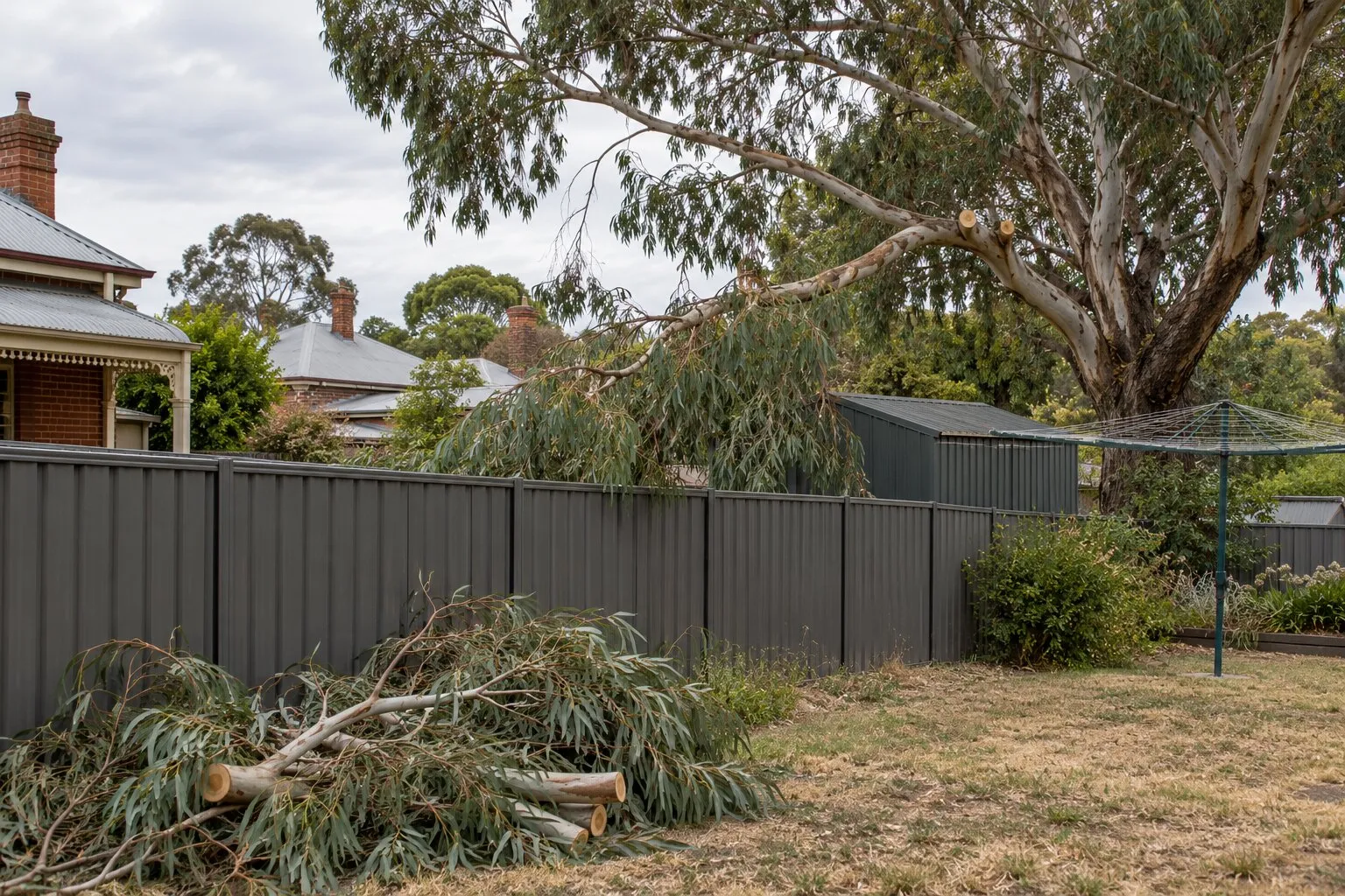 Neighbour's tree overhanging, Bendigo: eucalyptus branches reaching over a Colorbond fence, cut branches stacked on the lawn