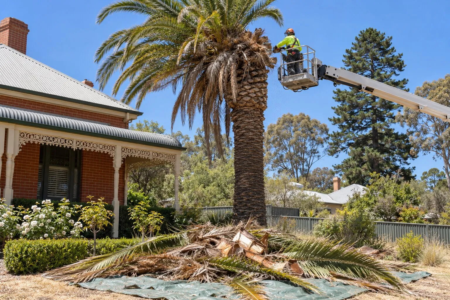 Palm tree removal, Bendigo: tree worker in an elevated platform cutting fronds from a tall date palm beside a Victorian-era villa