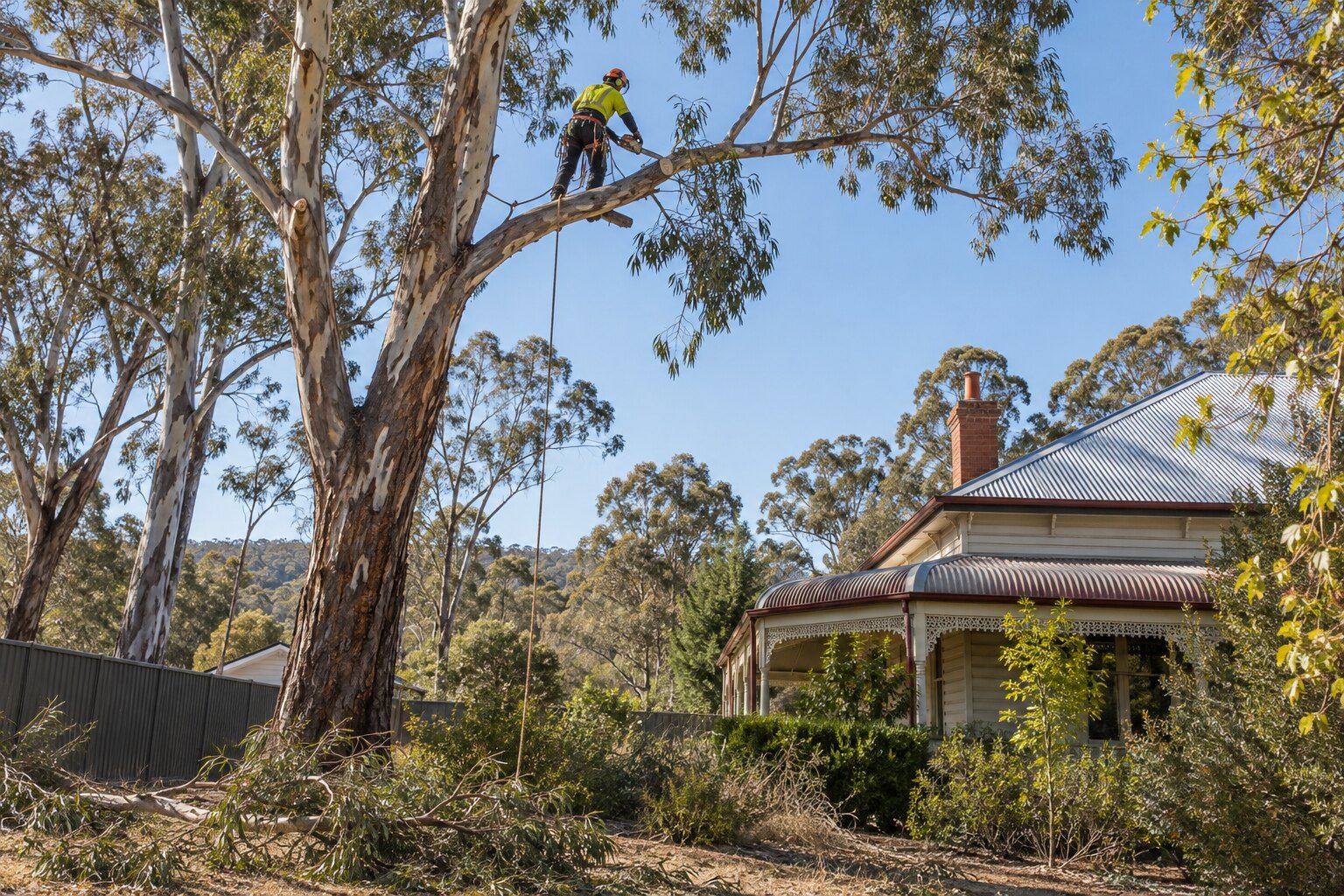 Pruning gum trees, Bendigo: climbing arborist in a harness cutting a branch high in a large eucalyptus beside a verandah house