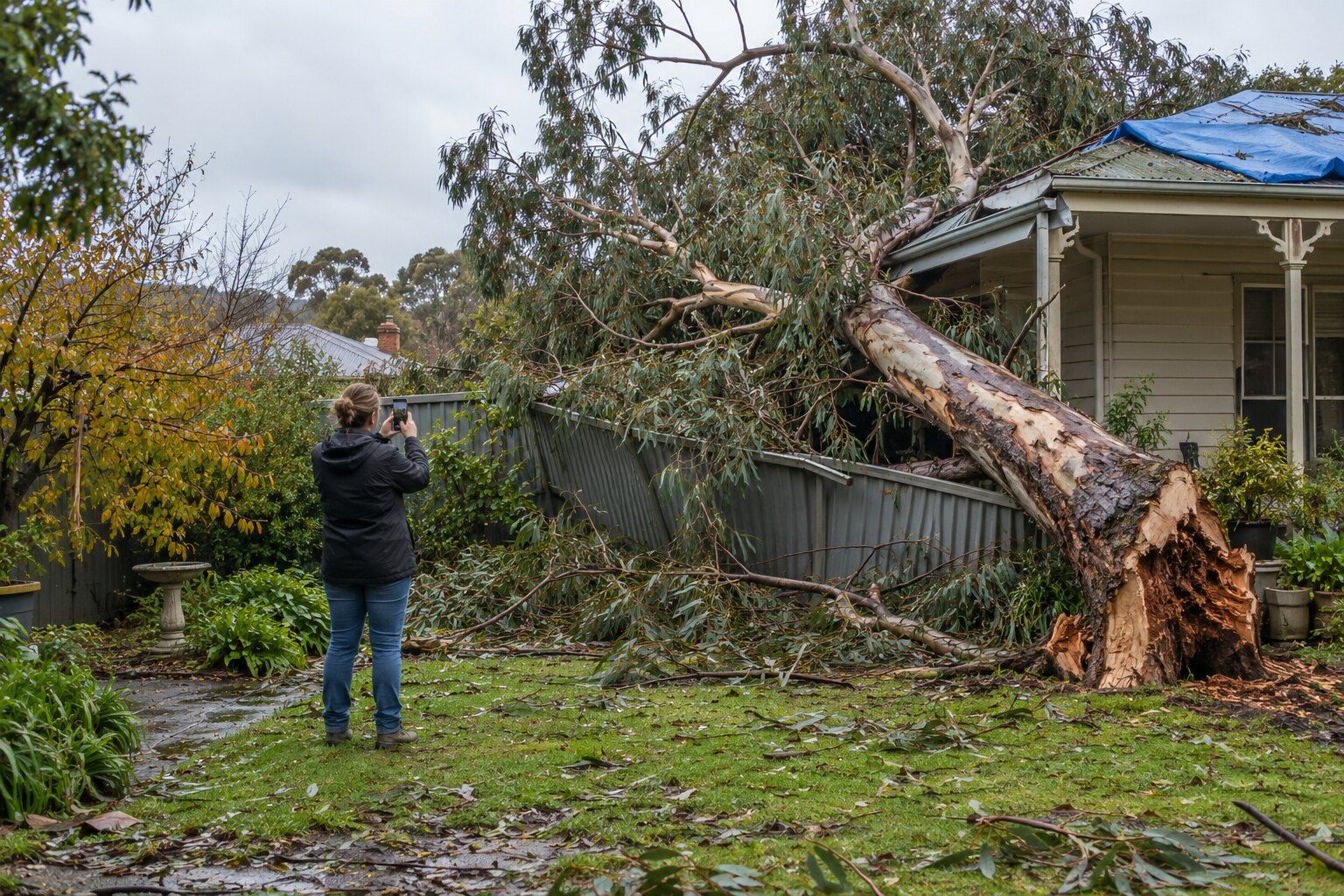 Storm tree removal, Bendigo: gum snapped across a Colorbond fence onto a weatherboard verandah, a person photographing the damage