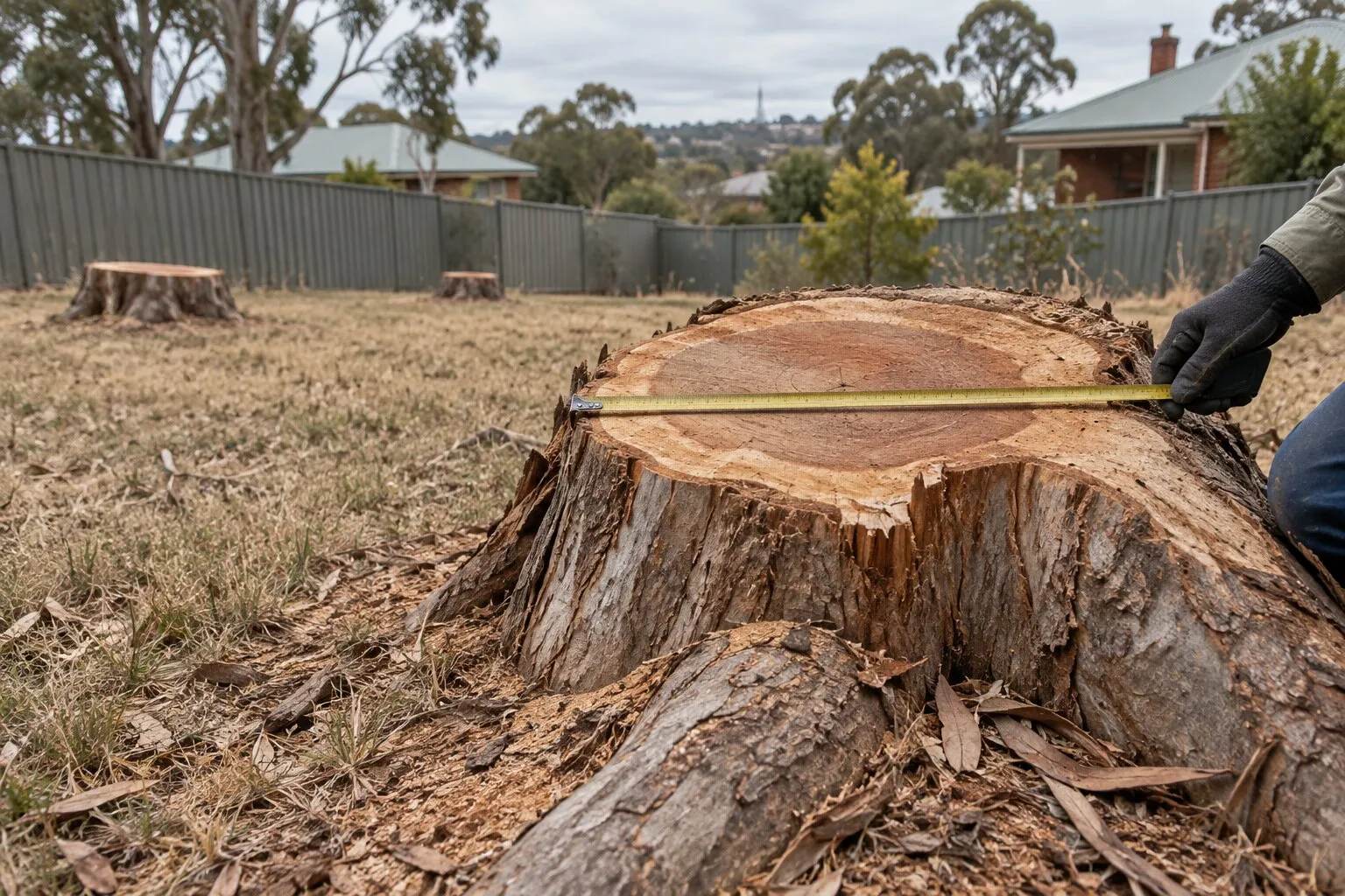 Stump grinding cost calculator, Bendigo: tape measure across the widest part of a cut eucalyptus stump