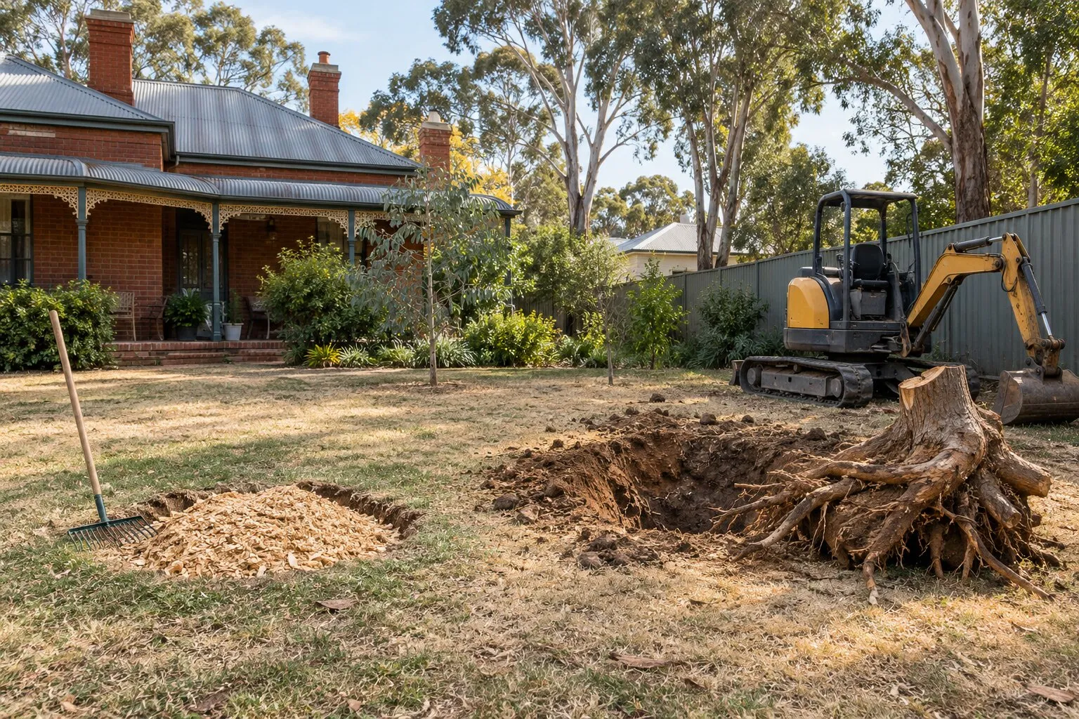 Stump grinding vs stump removal: a ground stump's mulch beside a dug-out stump and root ball in a Bendigo backyard, a small excavator behind