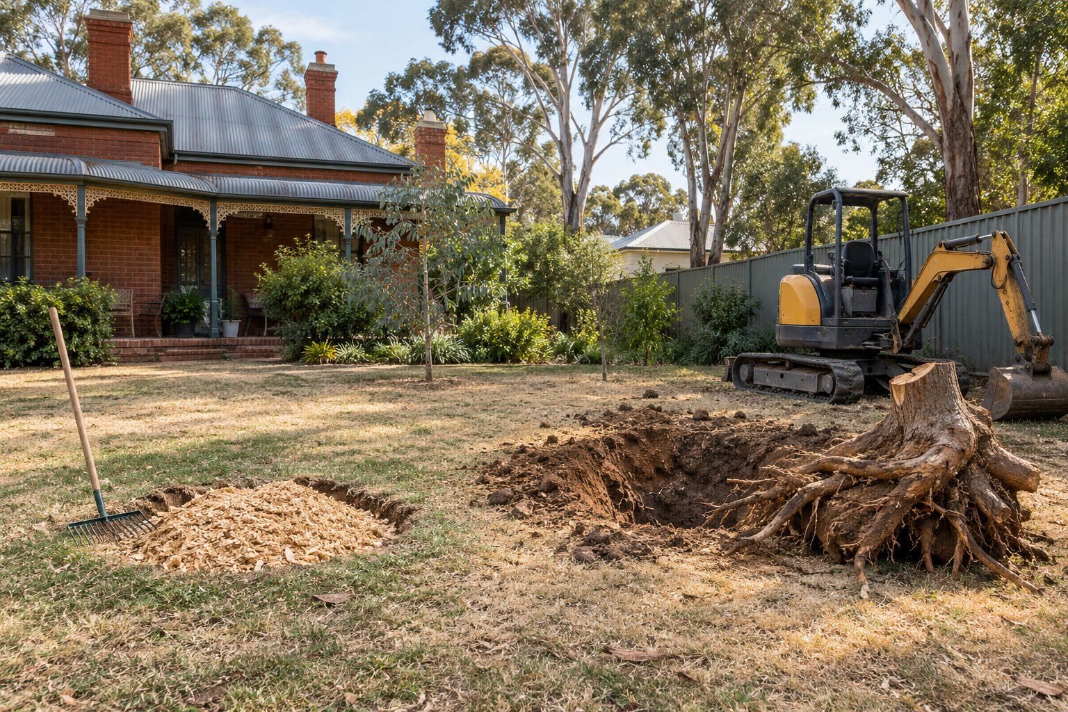 Stump grinding vs stump removal: a ground stump's mulch beside a dug-out stump and root ball in a Bendigo backyard, a small excavator behind
