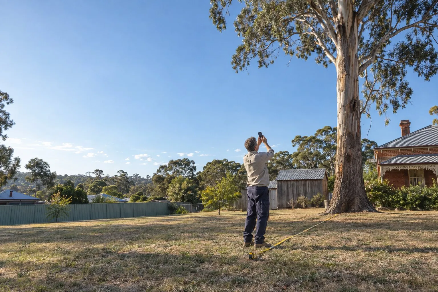 Tree height calculator, Bendigo: man aiming a phone at the top of a tall gum with a tape measure on the lawn