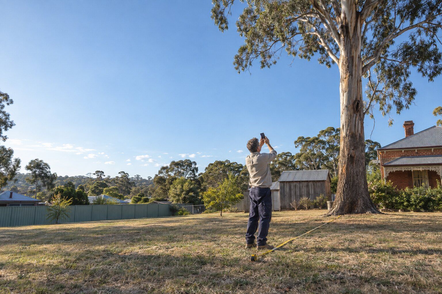 Tree height calculator, Bendigo: man aiming a phone at the top of a tall gum with a tape measure on the lawn