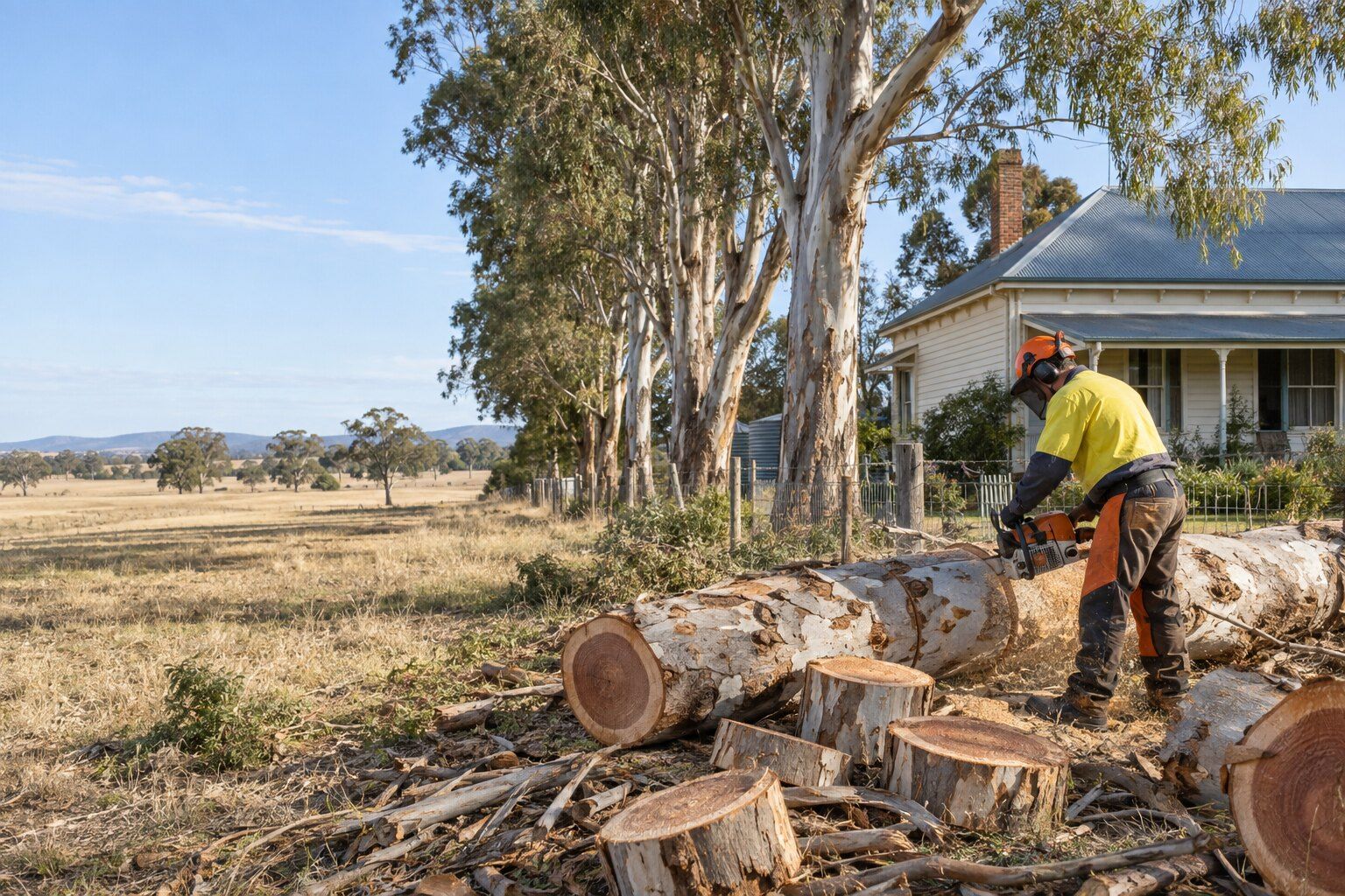 Tree removal, Ascot: worker cutting a felled sugar gum into rounds beside a windbreak row and a weatherboard farmhouse