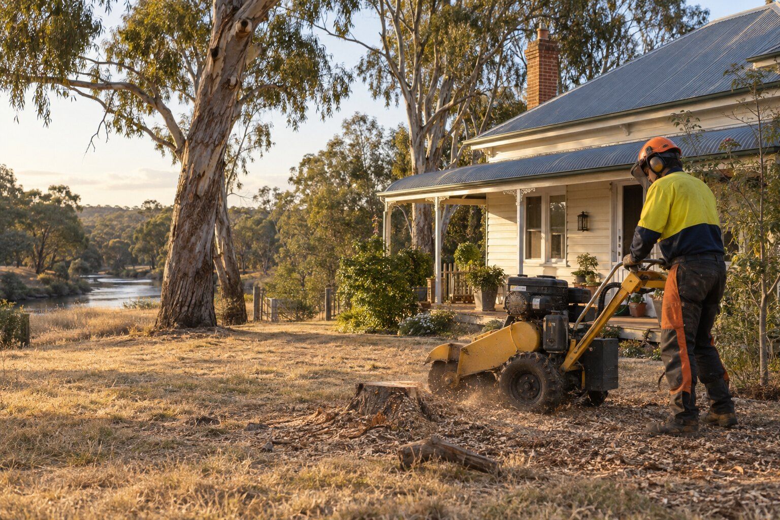 Tree removal, Axedale: tree worker running a stump grinder beside a weatherboard house near river red gums