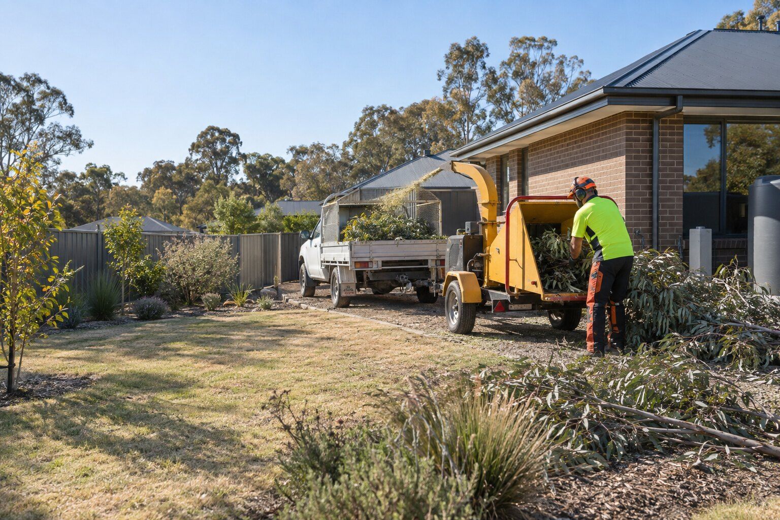 Tree removal, Epsom: worker feeding eucalyptus branches into a towable chipper beside a ute at a new single-storey home
