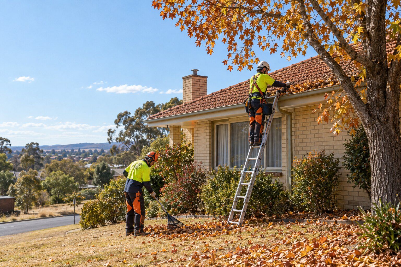 Tree removal, Flora Hill: worker on a ladder clearing leaves from a gutter under a big deciduous tree while another rakes