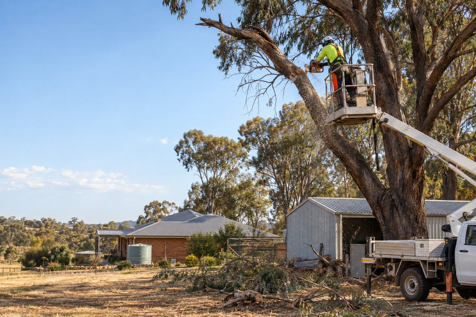 Tree removal, Huntly: arborist in an elevated work platform cutting a dead ironbark limb near a shed on a large block