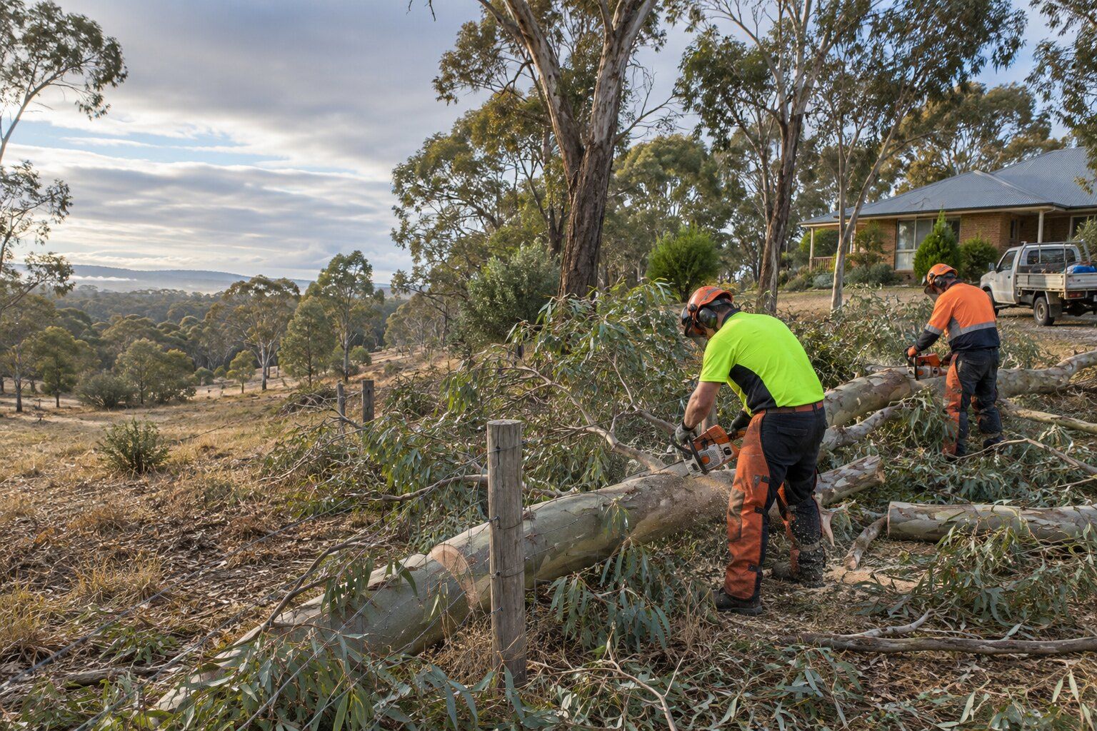 Tree removal, Junortoun: two tree workers cutting a fallen eucalyptus limb off a wire fence on a bush block