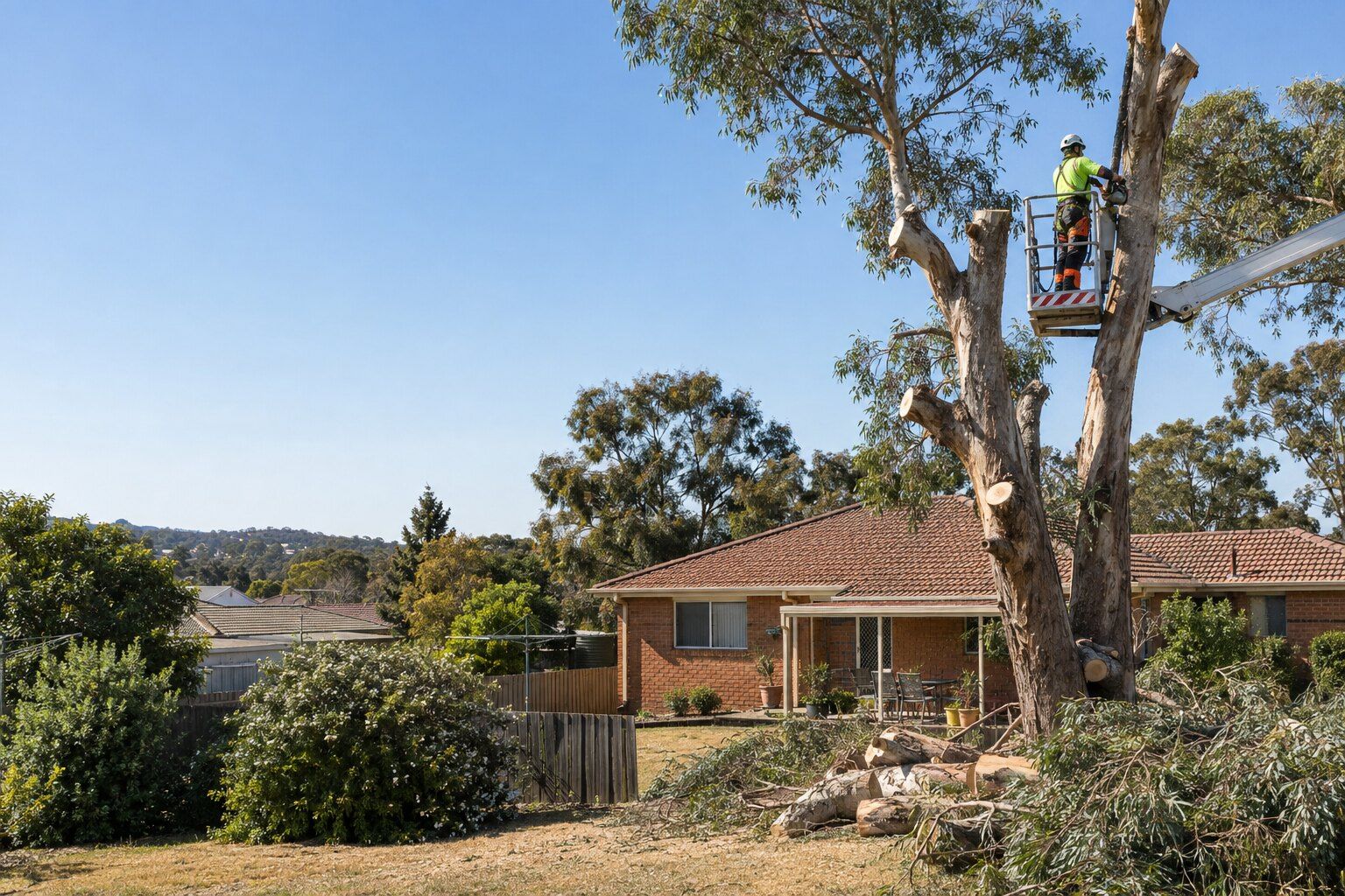 Tree removal, Kangaroo Flat: arborist in an elevated platform taking a big eucalyptus down in sections behind a brick house