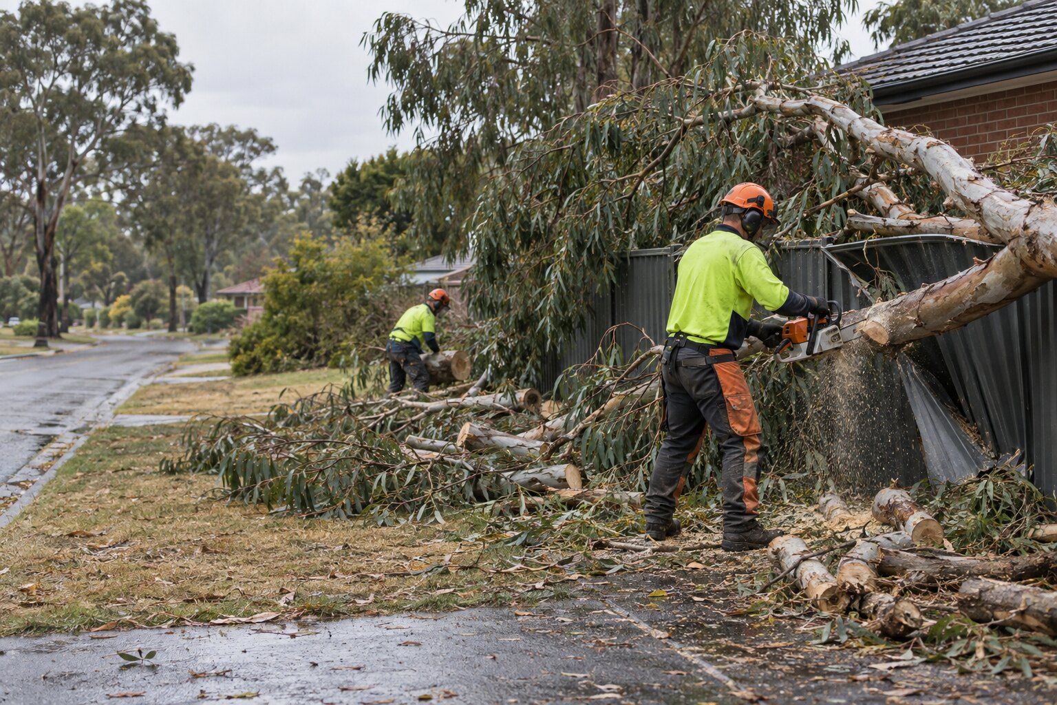 Tree removal, Kennington: worker cutting a fallen gum branch off a Colorbond side fence while another stacks the logs