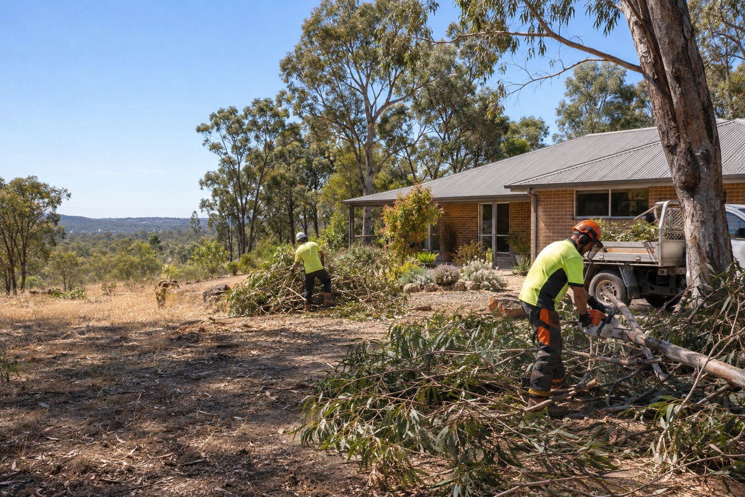 Tree removal, Maiden Gully: two workers cutting and stacking eucalyptus branches cleared back from a house at the bush edge