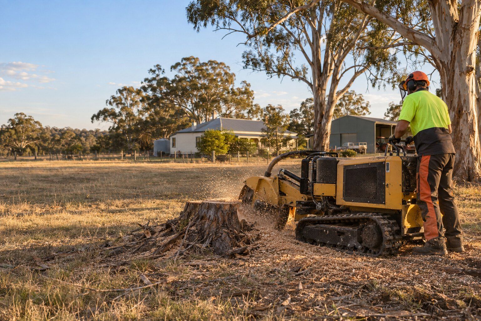 Tree removal, Marong: worker running a tracked stump grinder beside river red gums on a rural block with a farmhouse