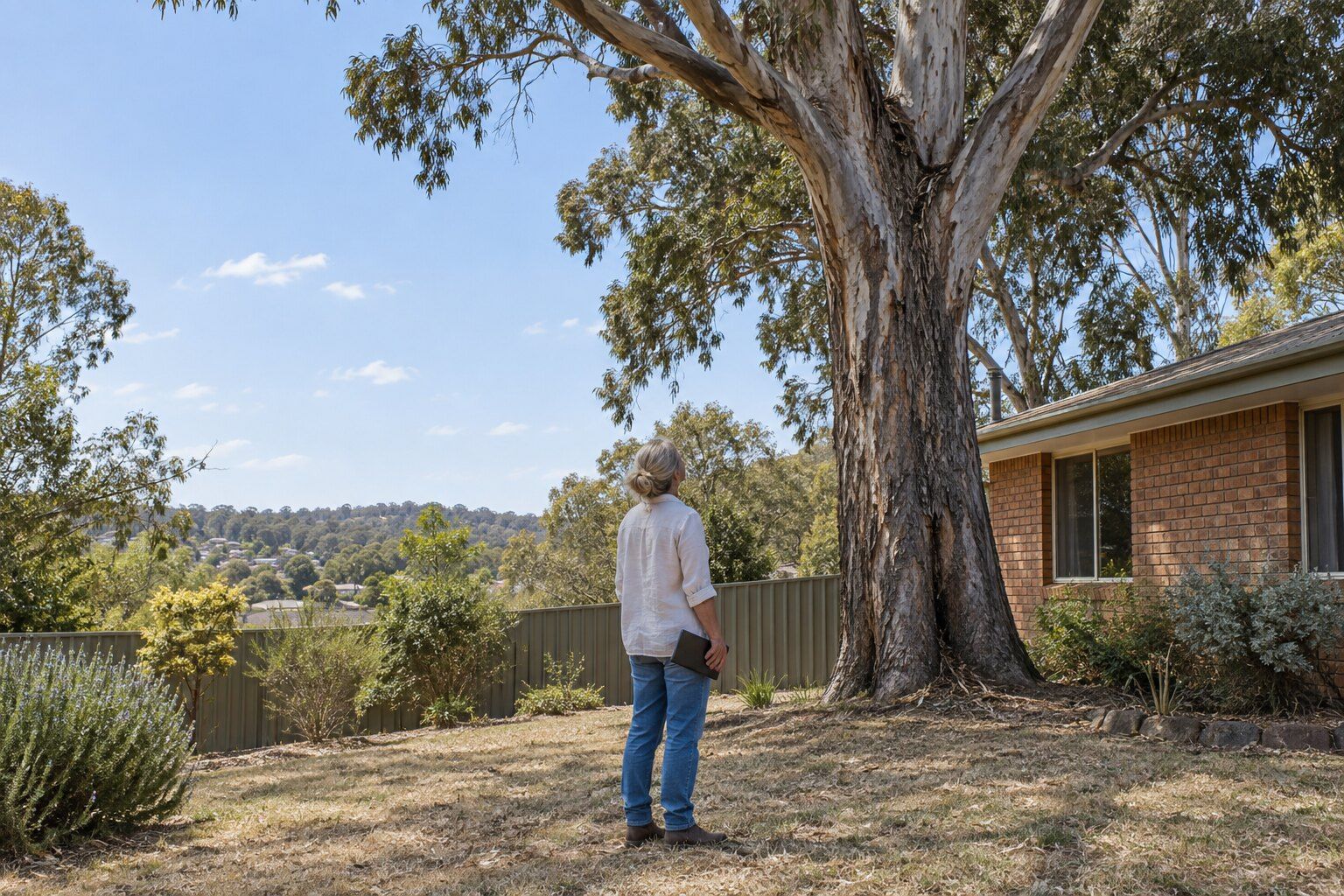 Tree removal permit checker, Bendigo: homeowner looking up at a large old eucalyptus beside a brick house