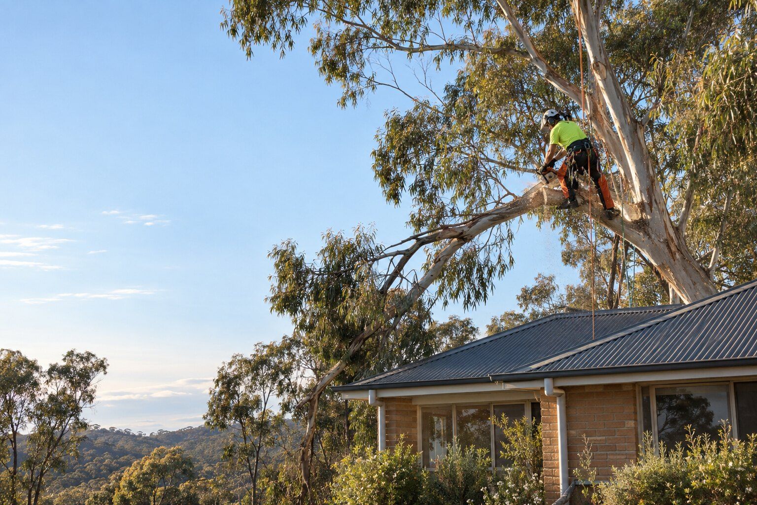 Tree removal, Spring Gully: climber on ropes cutting a heavy eucalyptus limb that leans over a brick house at the bush edge
