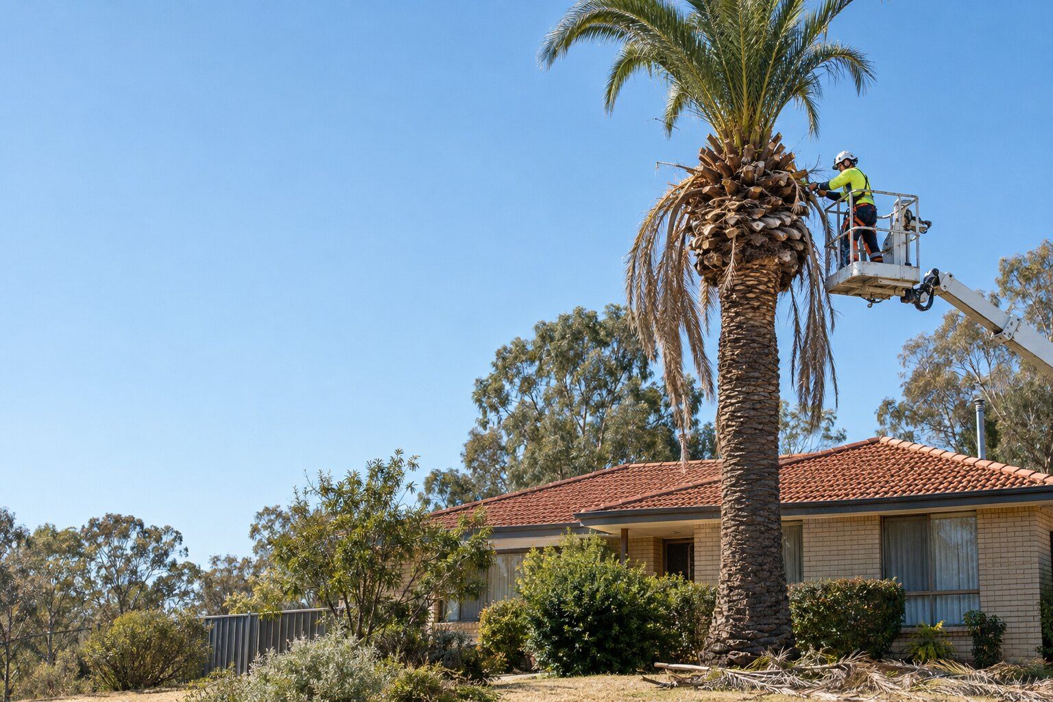 Tree removal, Strathdale: arborist in an elevated work platform cutting the fronds off a tall palm beside a brick house