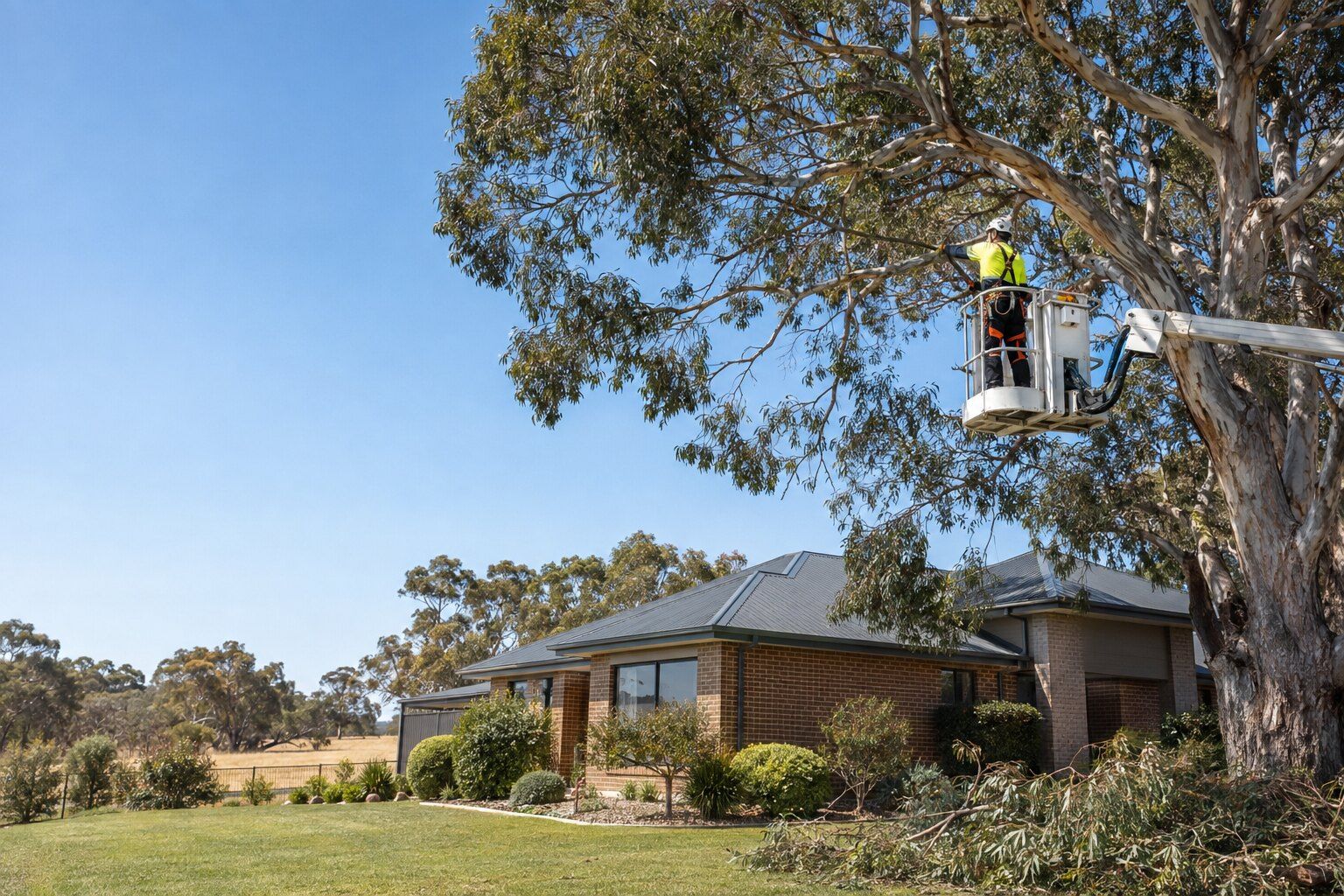 Tree removal, Strathfieldsaye: arborist in an elevated work platform pruning a spotted gum back from a brick roofline