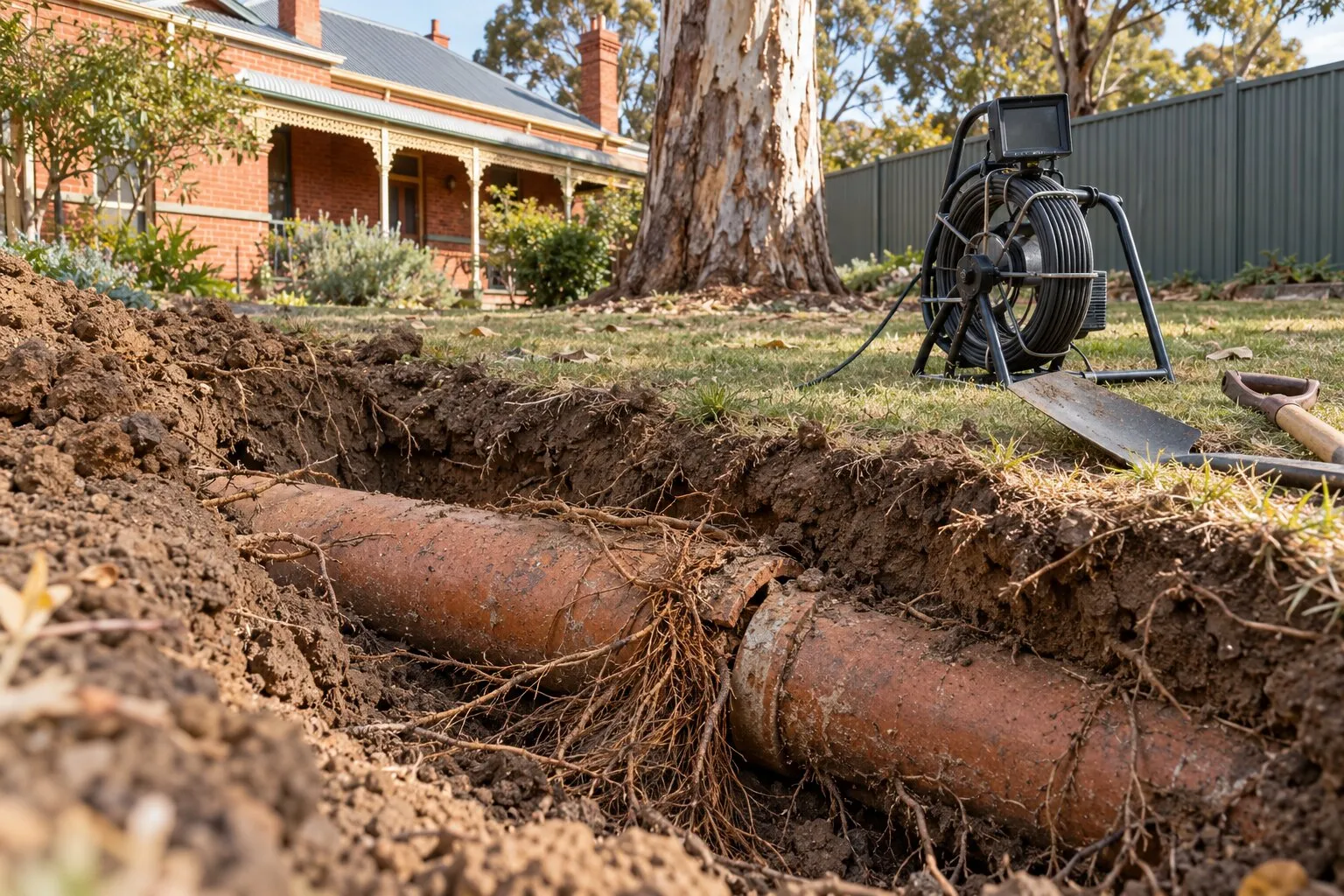 Tree roots and pipes, Bendigo: fine roots growing into the joint of an old terracotta sewer pipe in a trench, a drain camera reel on the lawn