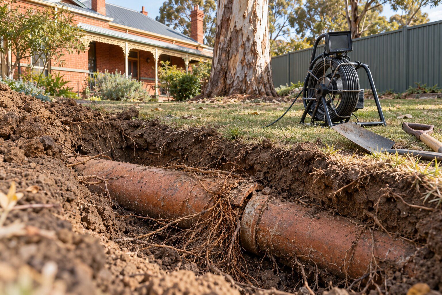 Tree roots and pipes, Bendigo: fine roots growing into the joint of an old terracotta sewer pipe in a trench, a drain camera reel on the lawn
