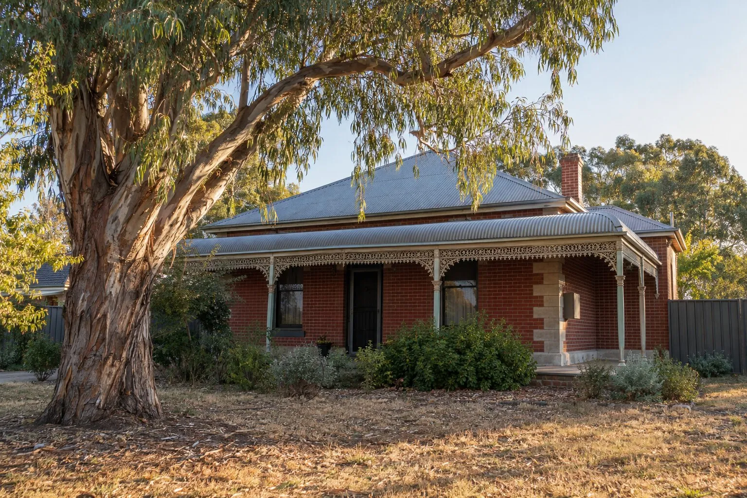 Tree removal, Bendigo: red-brick Victorian villa with a large eucalyptus in the front garden